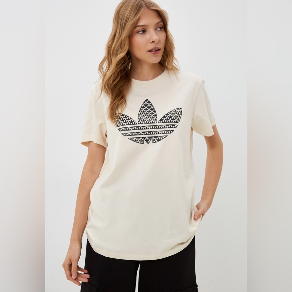 Adidas Women's Monogram Trefoil Tee-White - Picture 1 of 4
